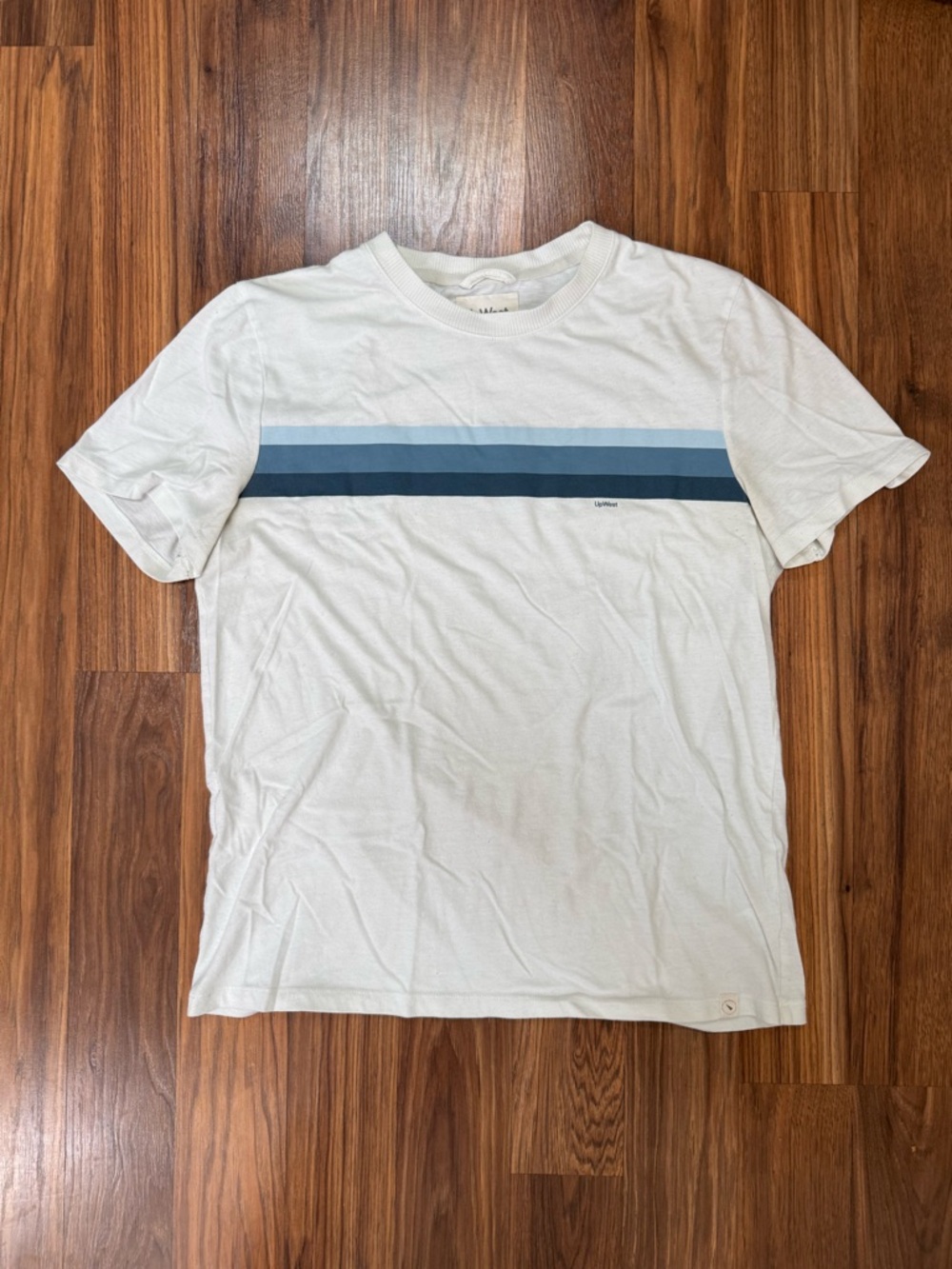 UpWest White Crewneck Tee with Light and Dark Blue Stripes